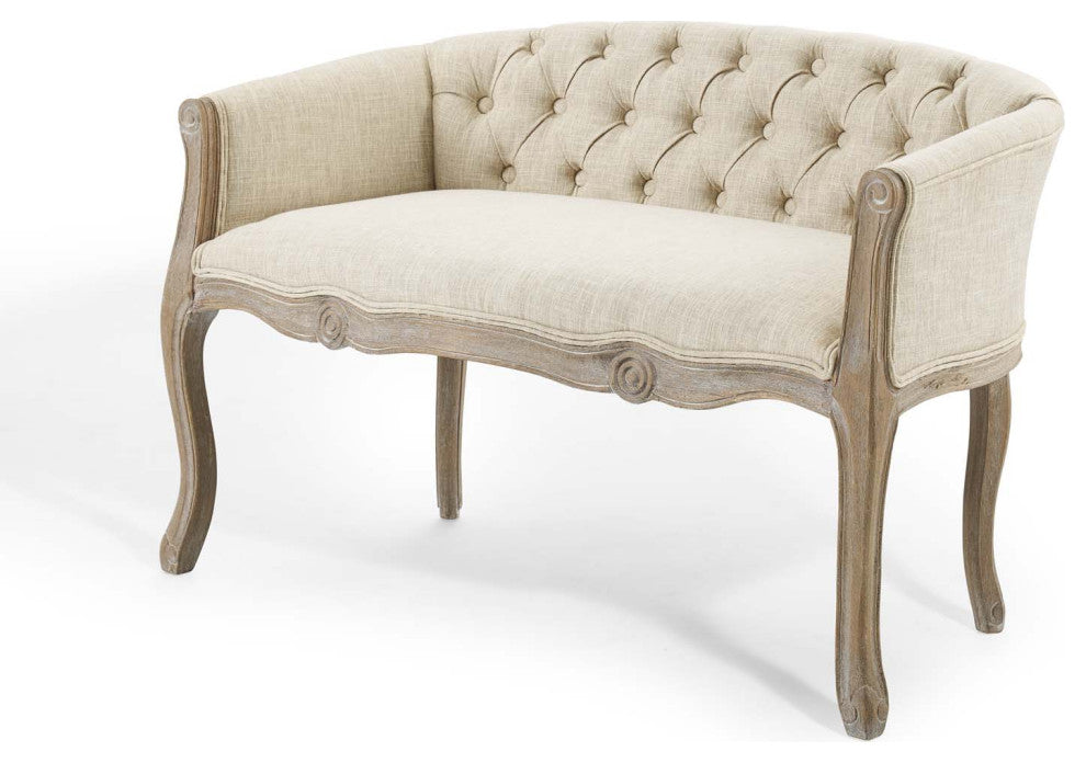 French Vintage Loveseat Sofa, Fabric, Wood, Beige, Modern, Lounge Hospitality