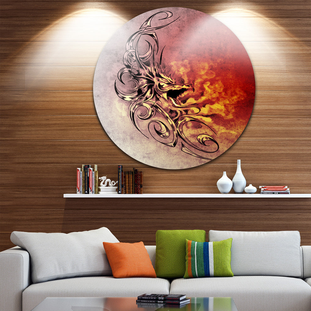Medieval Dragon Tattoo Sketch, Digital Art Disc Metal Wall Art, 36"