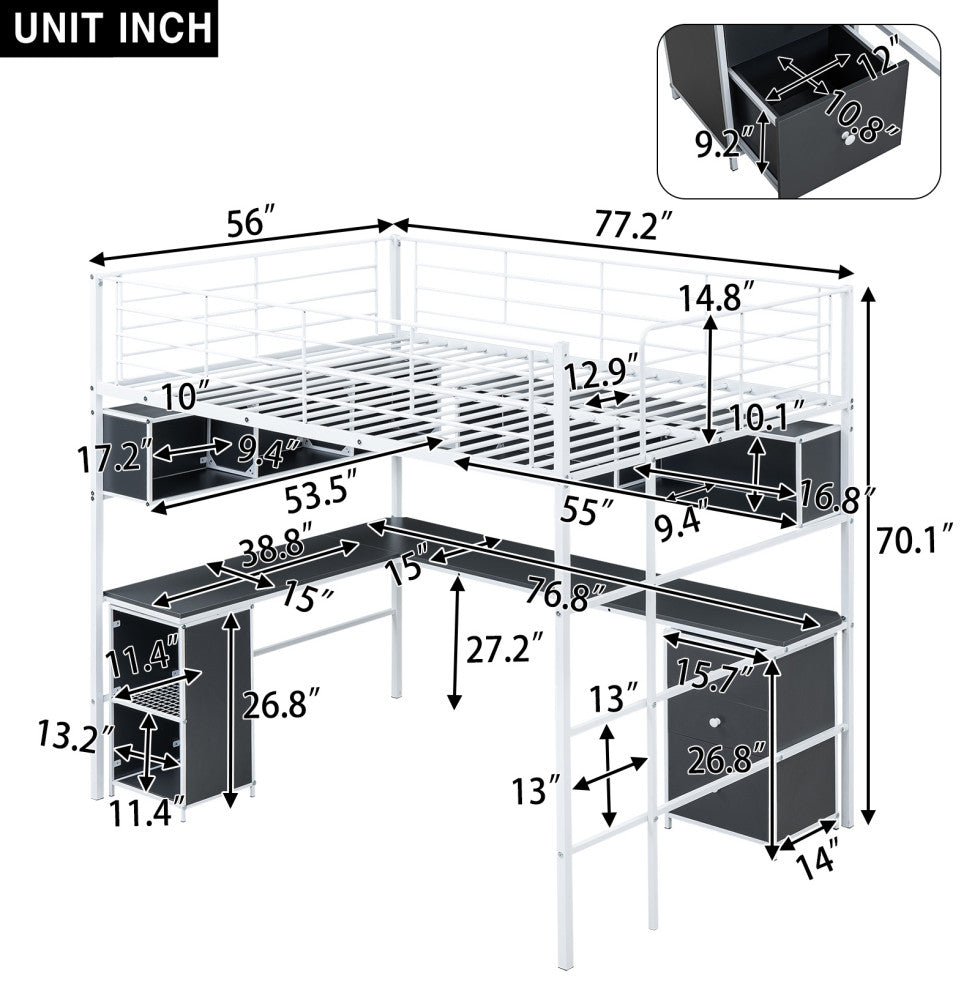 Gewnee Metal Loft Bed with bookcase, desk and cabinet, Full, White