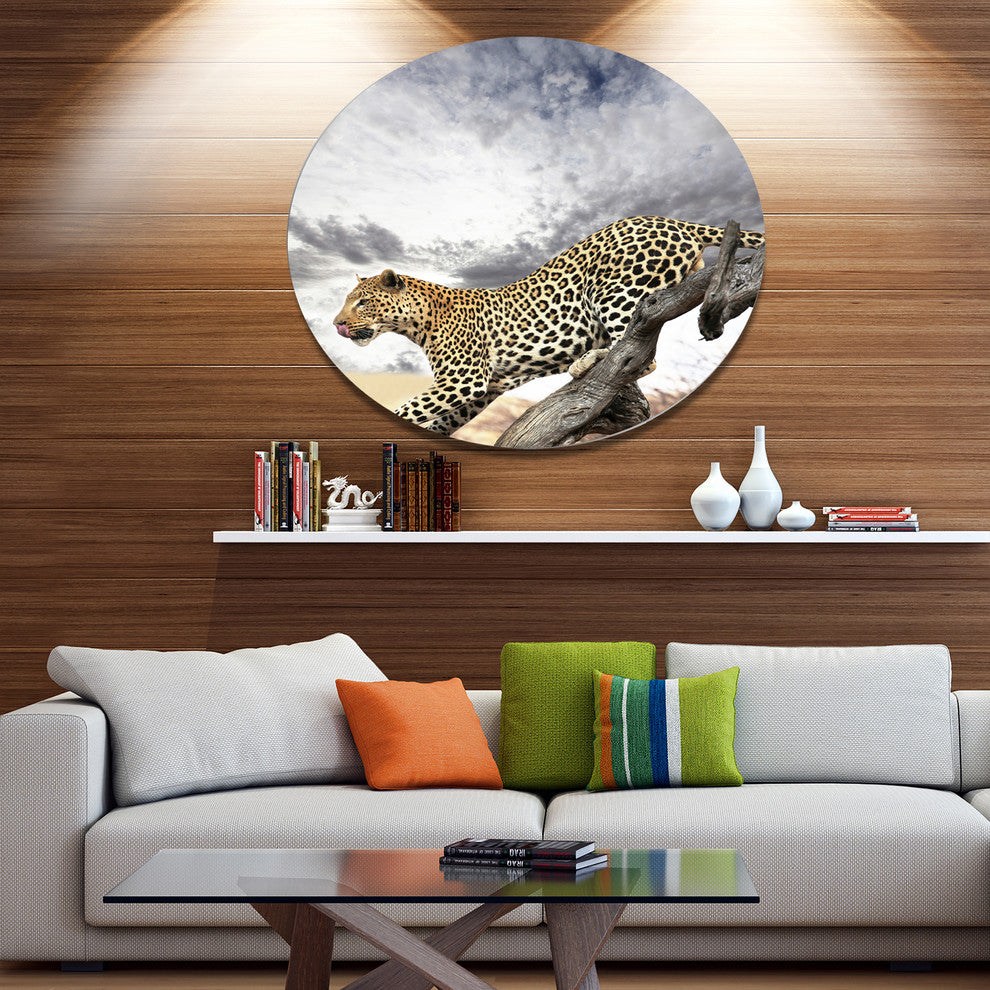 Leopard On Tree Under Cloudy Sky, African Round Wall Art, 11"