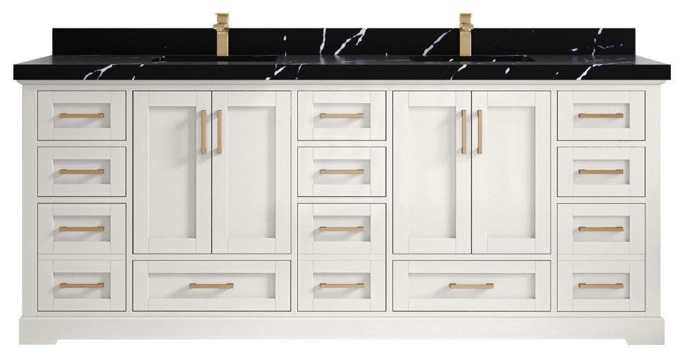 Boston 84" Double Sink Bath Vanity in Alabaster 2" Calacatta Black