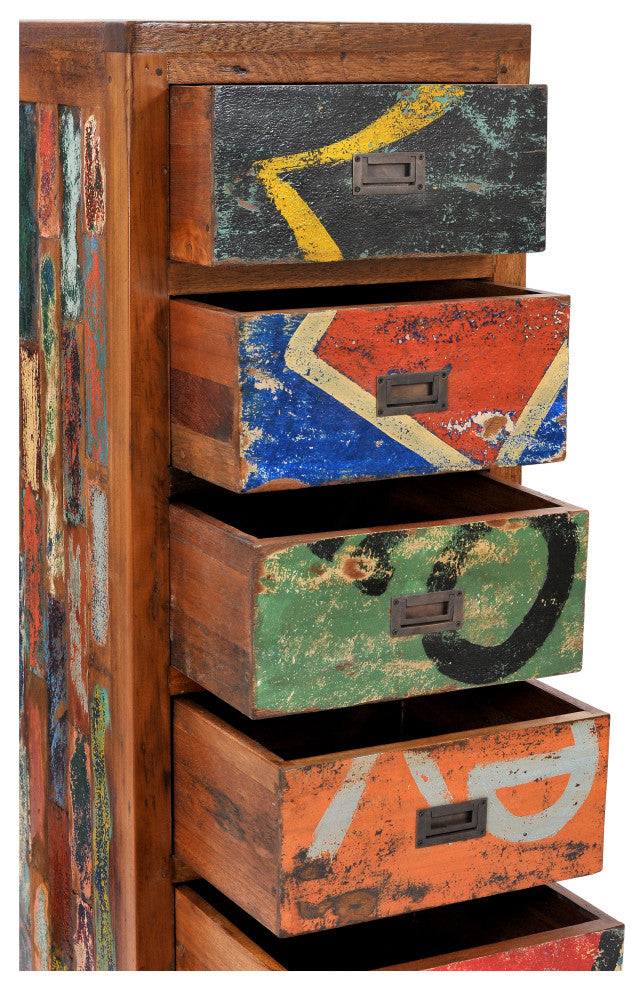 Chest with 6 Vertical Drawers Made From Recycled Teak Wood Boats