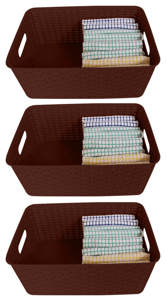 Plastic Rattan Storage Box Basket Organizer, Brown, Small-Pack of 3