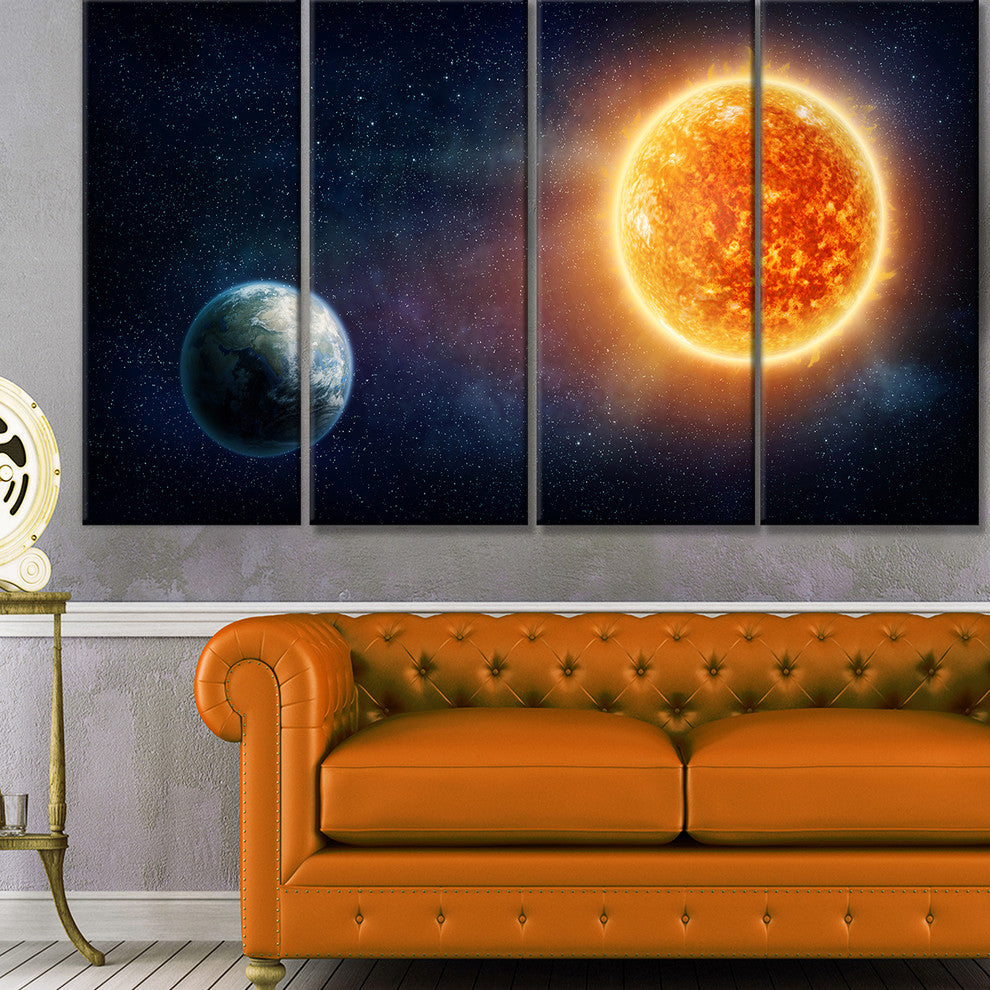Planet Earth and Sun, Landscape Canvas Art Print, 48"x28", 4 Panels
