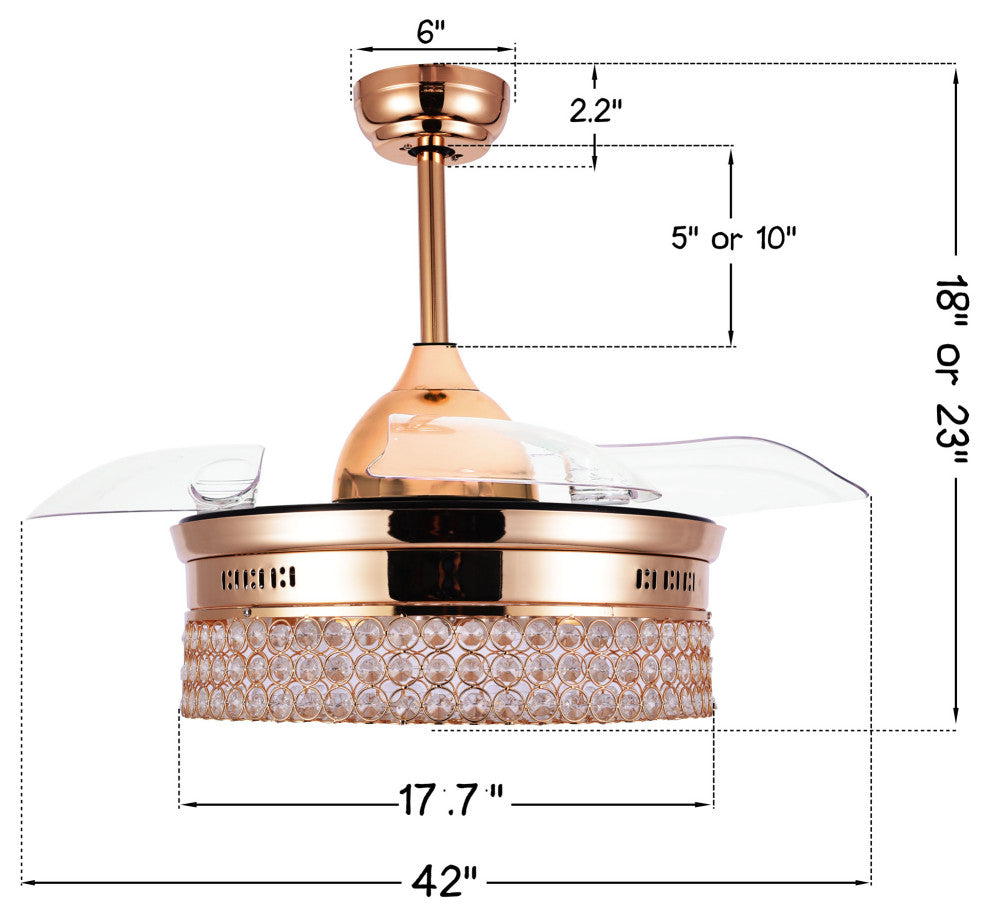 42" LED Retractable Ceiling Fan With Light Kit and Remote Control Included, Gold