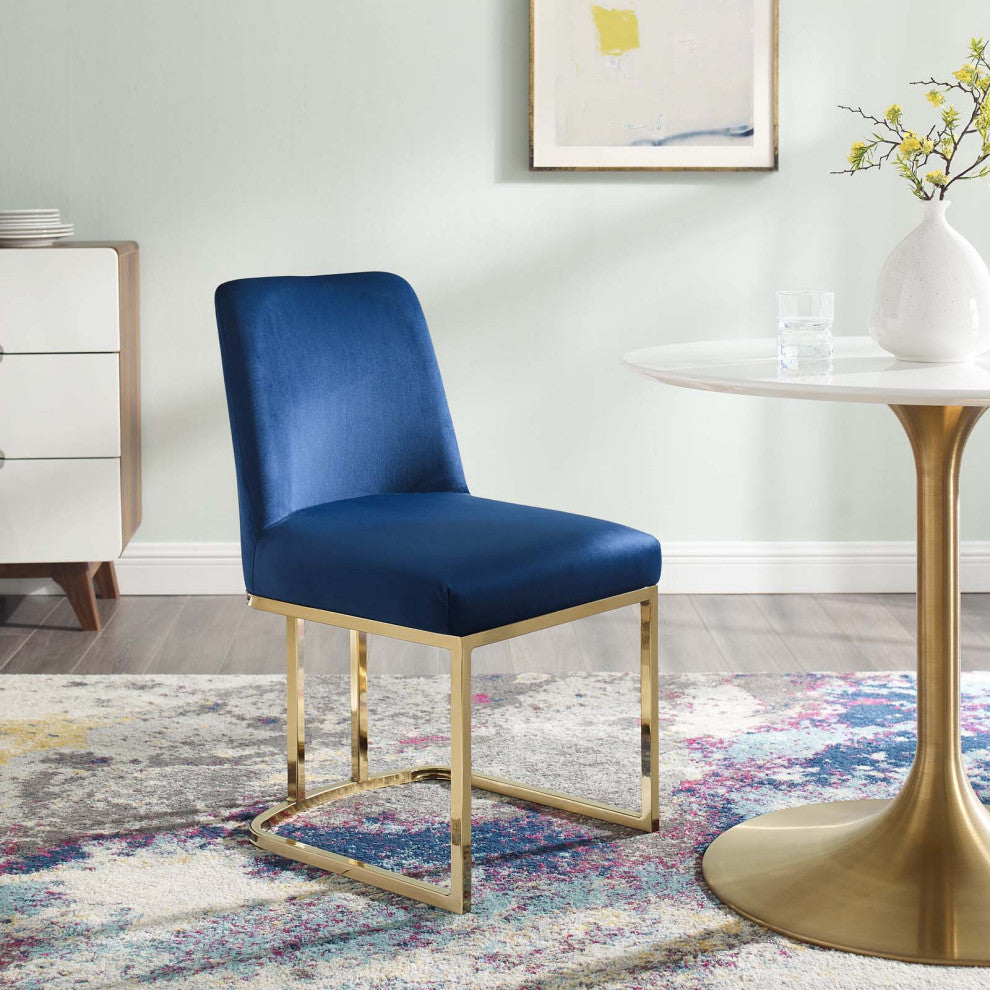 Side Dining Chair, Velvet, Metal, Gold Blue Navy, Modern, Cafe Bistro Restaurant