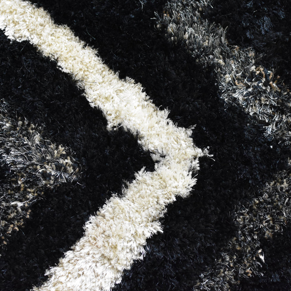 Hand Tufted Shag Polyester Area Rug Geometric Black Beige, 6'x6' Round