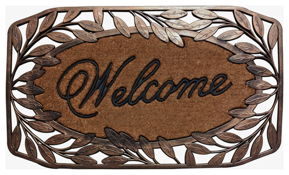 Natural Coir & Rubber 38x23, Thick Durable Doormats, Leaf Border Welcome Bronze