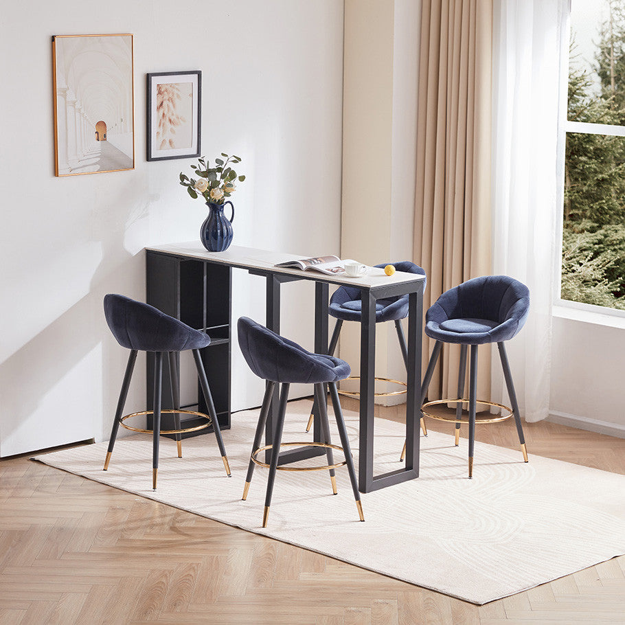 Set of 2 Blooming Flower Chenille Bar Stools, Darkblue