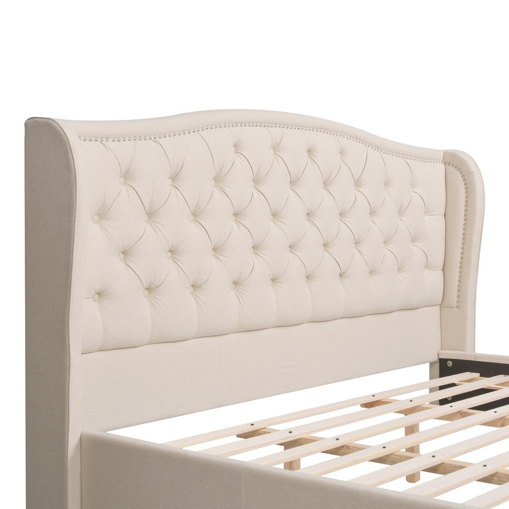 Fontana Wingback Upholstered Platform Bed Frame, Sky Neutral Beige Polyester, King
