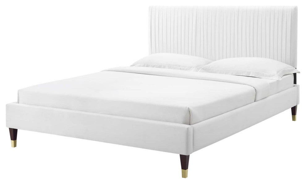 Platform Bed Frame, Full Size, Velvet, White, Modern Contemporary, Bedroom