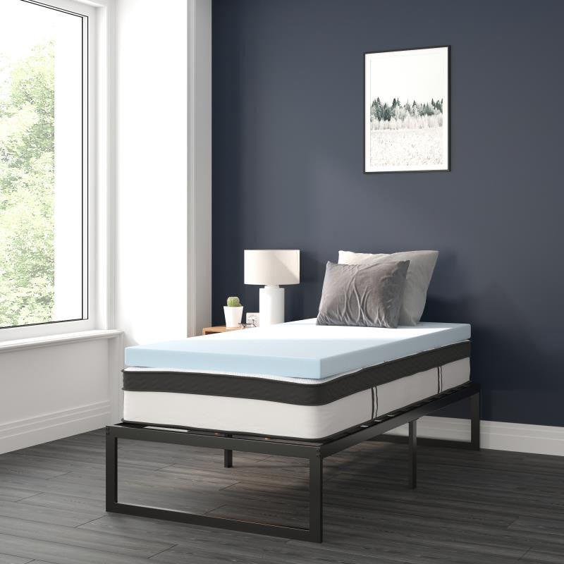 14" Metal Platform Bed Frame, 12" Pocket Spring Mattress & Memory Foam Topper, Black, Twin