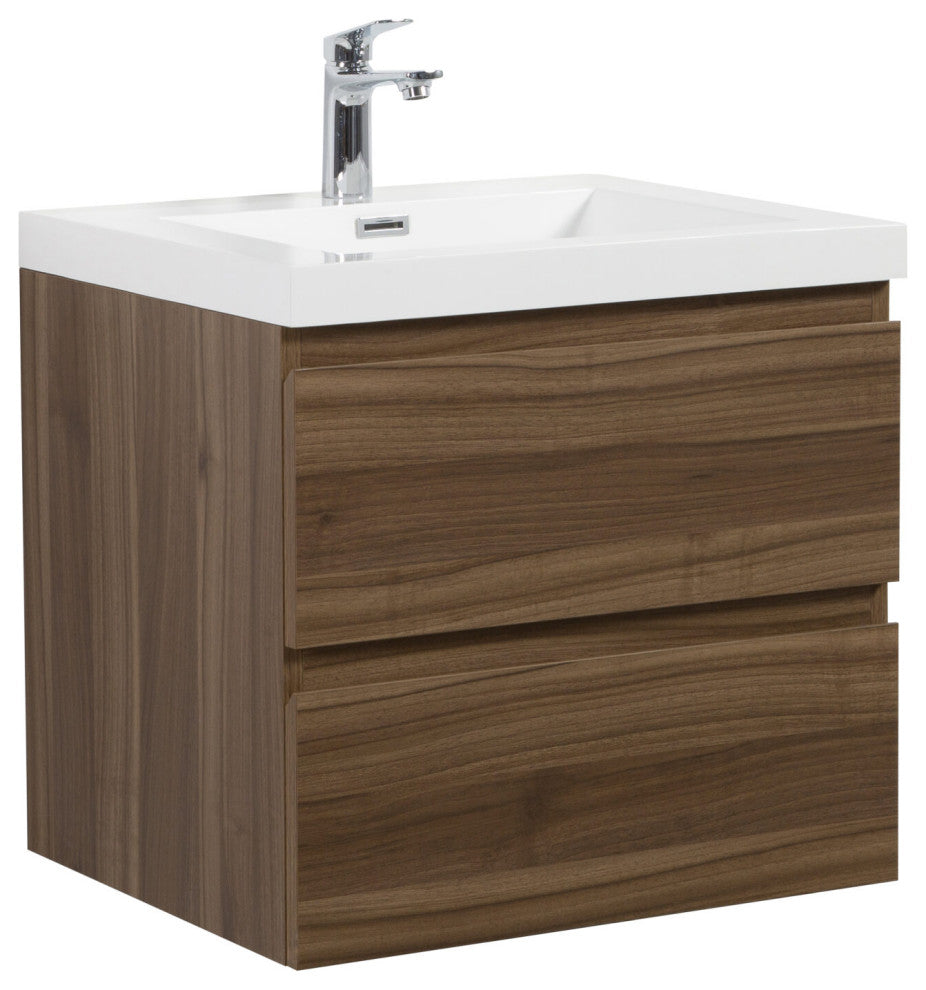Aurora Wall Mount Vanity, White Acrylic Top, Smokey Walnut, 24"