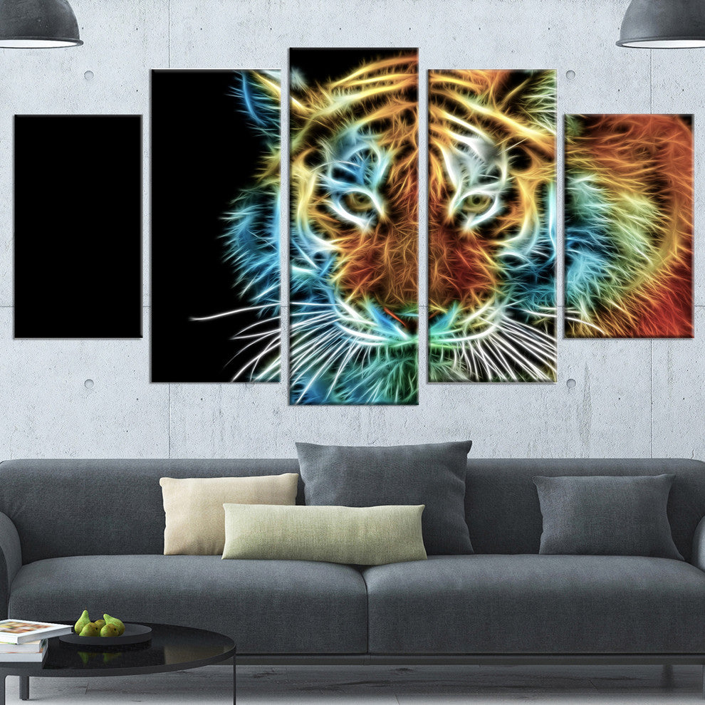 Illuminating Tiger Head View, Contemporary Animal Art Canvas, 60"x32", 5 Panels