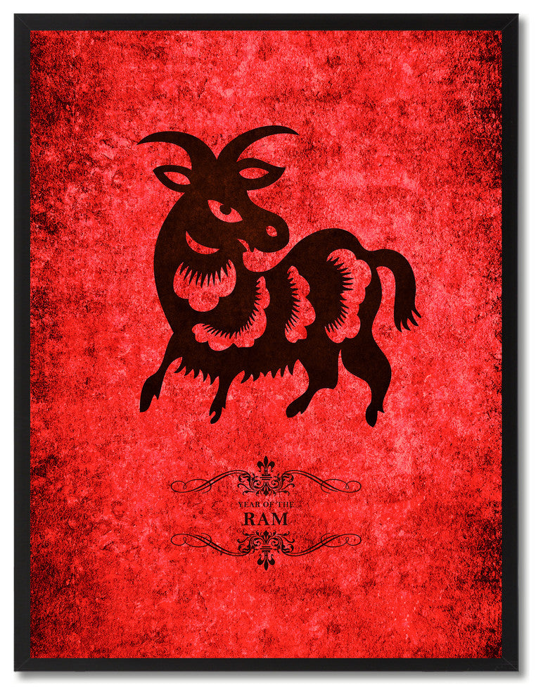Ram Chinese Zodiac Red Print on Canvas with Picture Frame, 28"x37"
