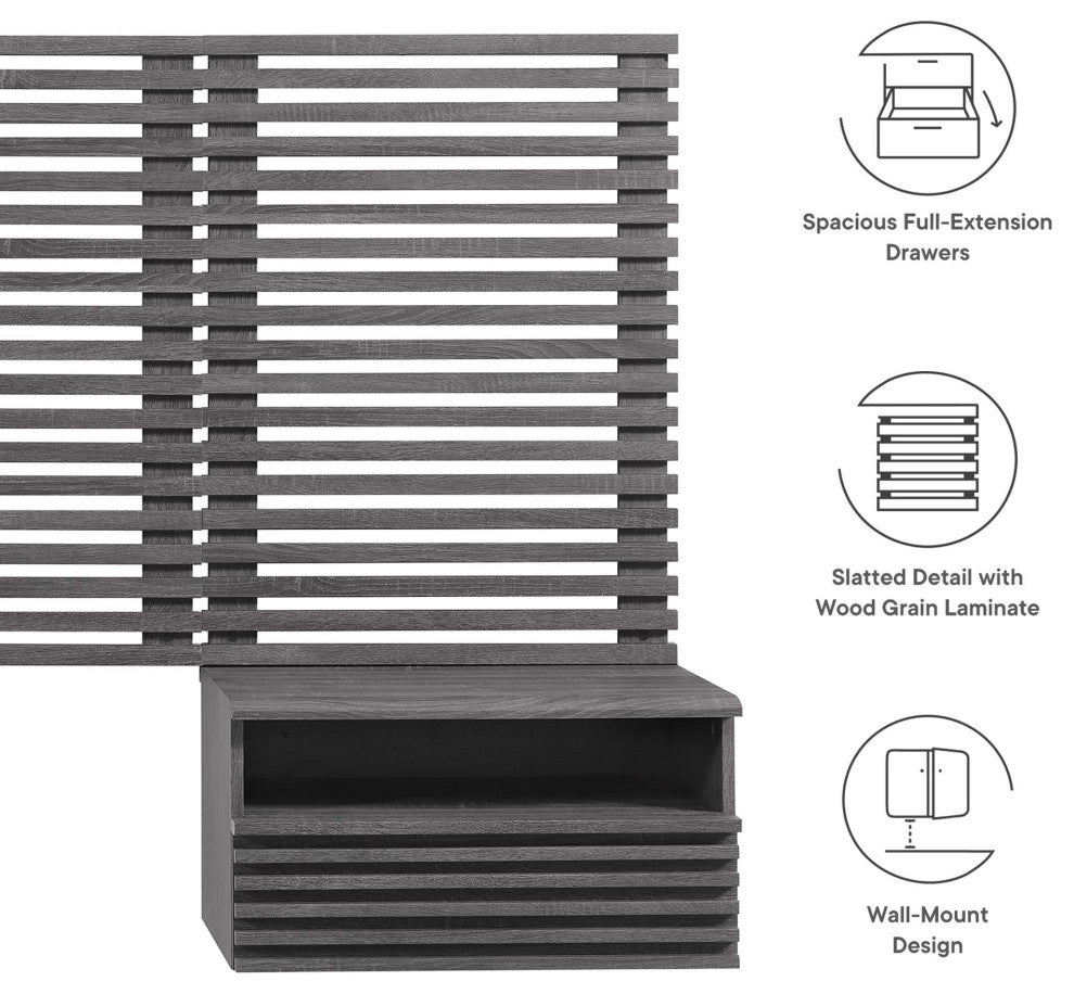 Render Wall Mount Twin Headboard and Modern Nightstands, Charcoal