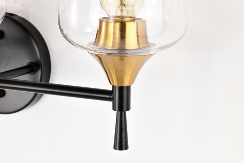 21 in. 3-Light Black and Antique Brass Vanity Light With Clear Wine Glass Shades