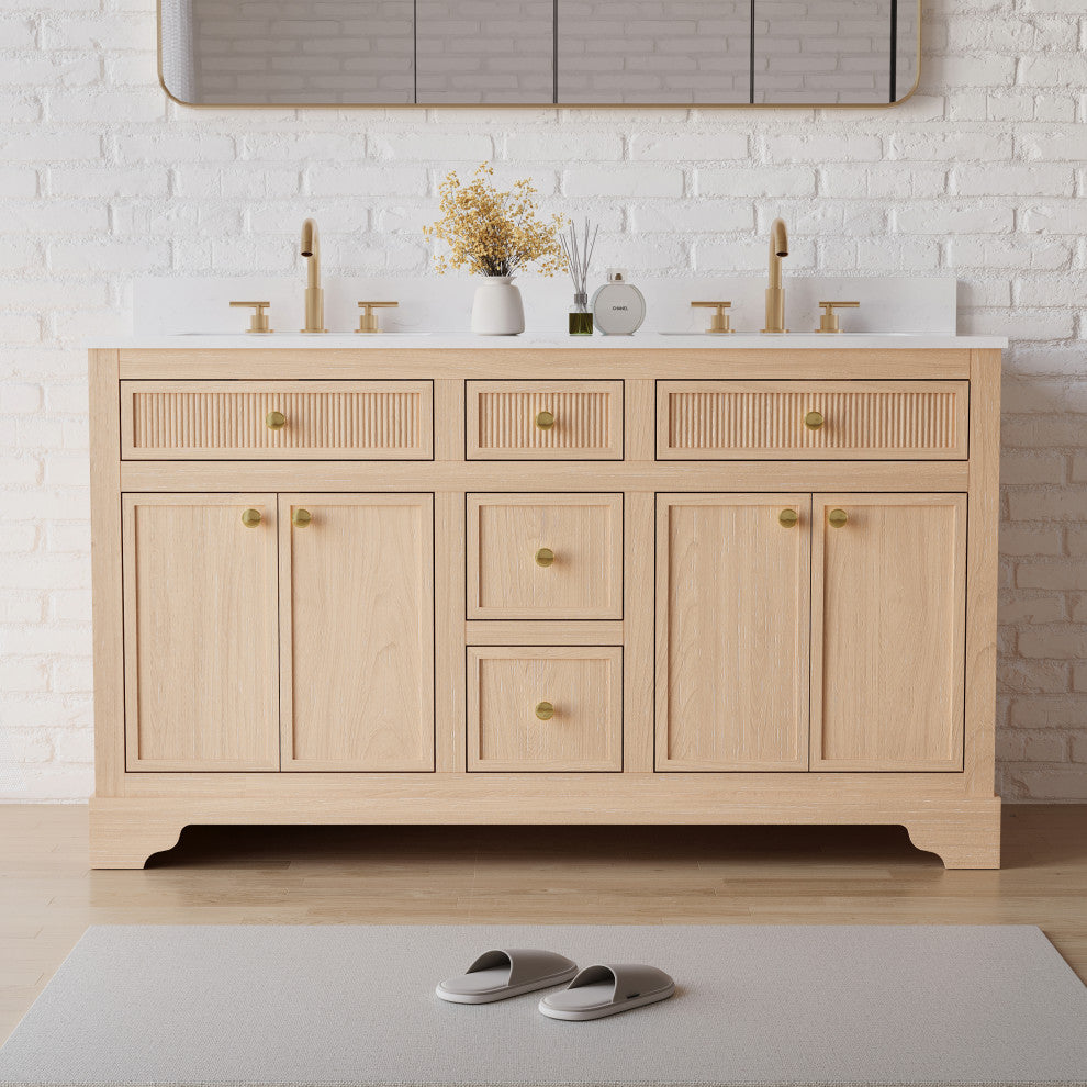 Solid Wood Bathroom Vanity with Carrara White Quartz Top, CUPC-certified Sink, 60"