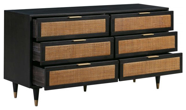 Sierra 6 Drawer Dresser, Beach Rattan Cabinet, Jungle Wicker Chest, Noir