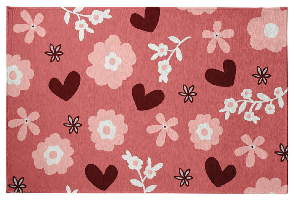 Flowery Love Valentines Chenille Rug, Pink, 4'x6'