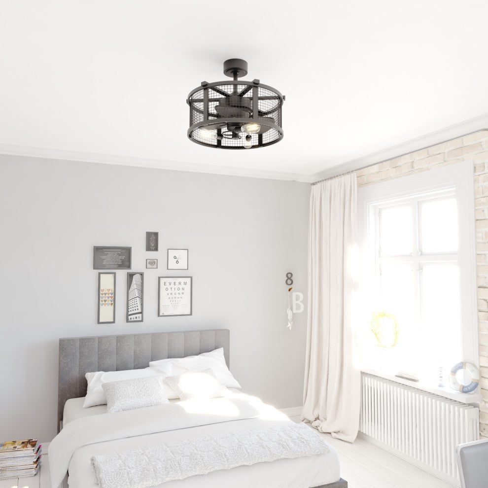 Humboldt Farmhouse Cage Ceiling Fan With LED Light Kit Remote, Black