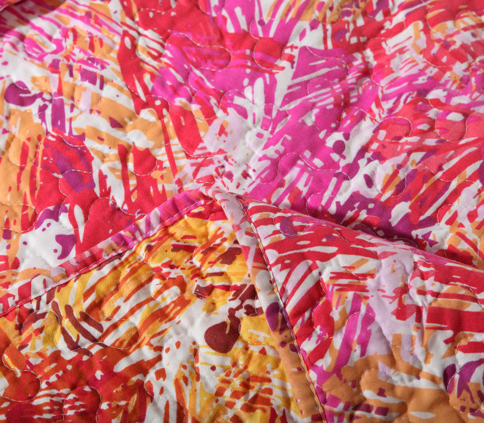DaDa Bedding Hawaiian Reversible Multi Pink Orange Quilt Coverlet Bedspread Set,
