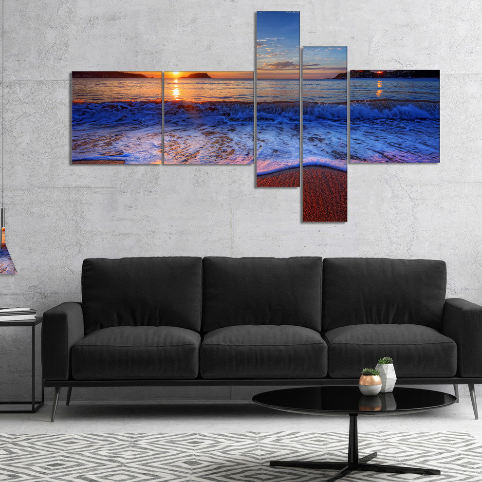 Blue Waves on Sandy Beach, Seashore Canvas Art Print, 60"x32", 5 panels