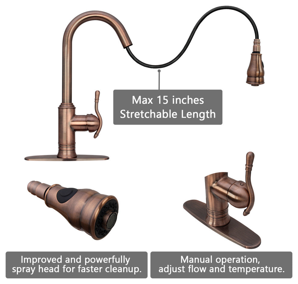 Copper Pull Down Kitchen Faucet, Single Level Solid Brass Kitchen Sink Faucets, Antique Copper