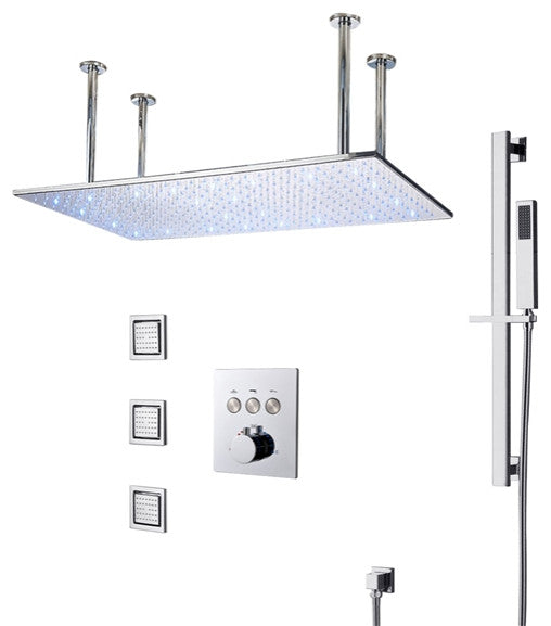 Voghera 20"x40" Chrome Rainfall Shower System and 3 Jetted Body Sprays, Led