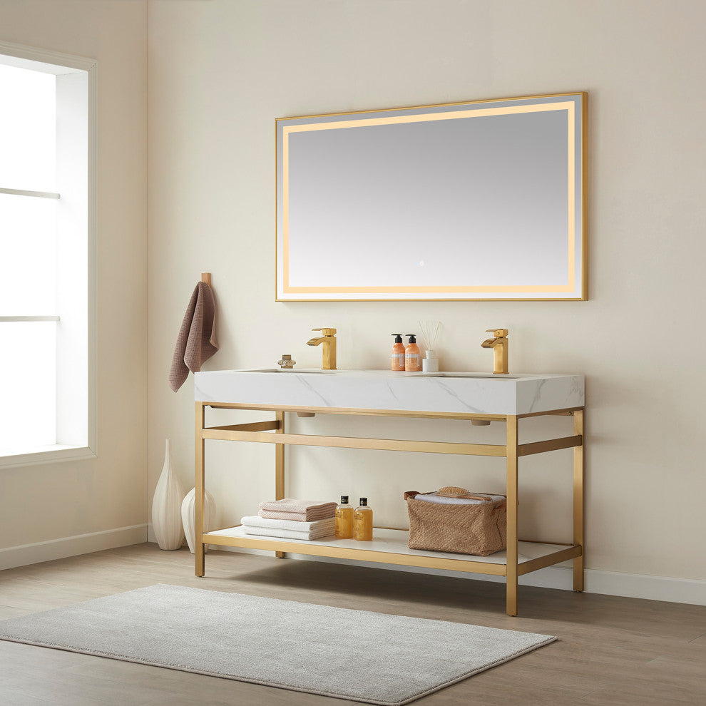 Funes Bath Vanity without Mirror, Brushed Gold Hardware, 60" Double Sink, White Stone Top