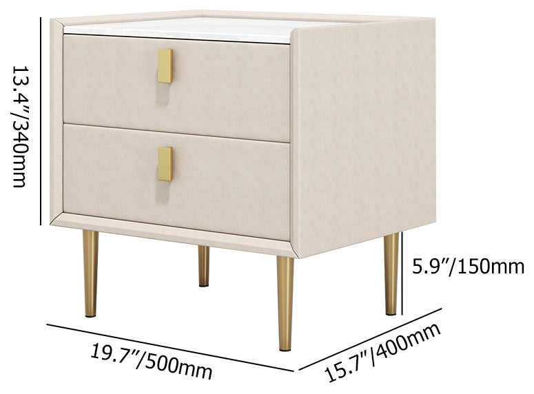 2 Drawers Nightstand PU Leather Bedside Table Nightstand with Gold Metal Legs