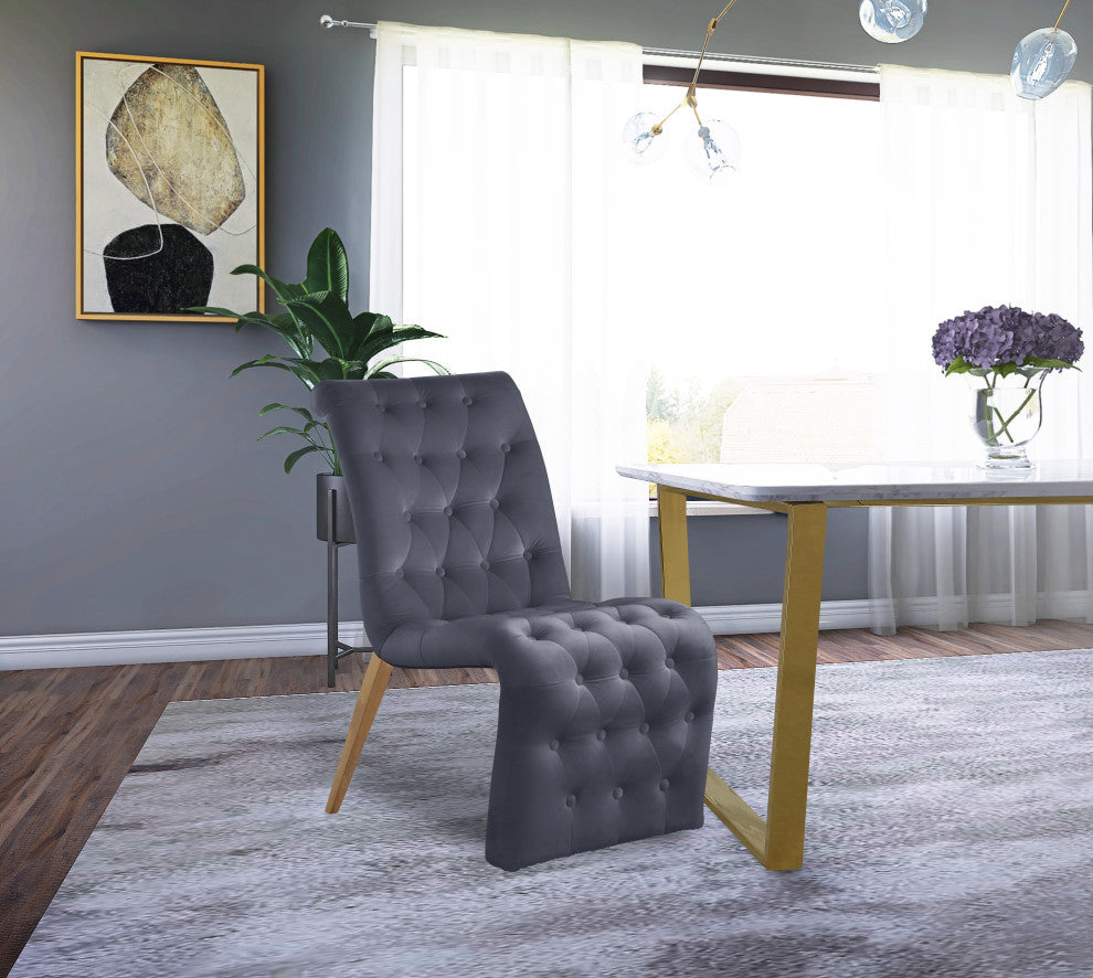 Curve Button Tufted, Fabric Upholstered Dining Chair, Set of 2, Gray Velvet