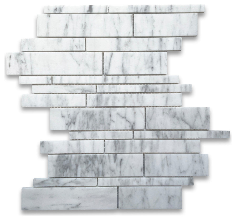 Carrara White Marble Random Strip Modern Brick Mosaic Tile Honed, 1 sheet