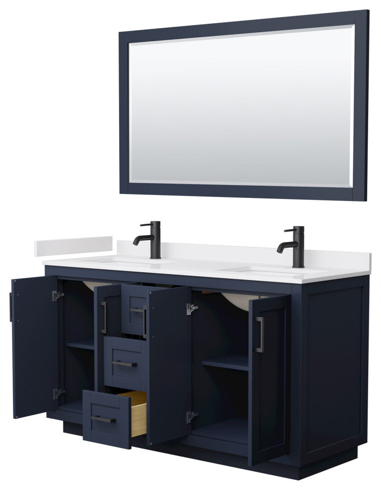60"DBL Vanity Dark Blue, White Cult. Marble Top, Sinks, Black Trim, 58"Mirror