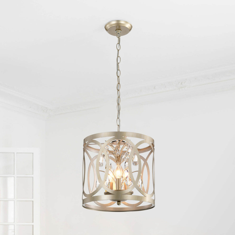Silvia 3-light Light Brushed Champagne Silver Metal Cage Drum Chandelier