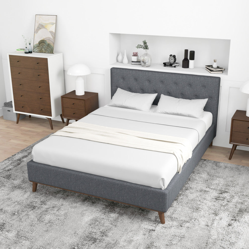 Ashton Mid-Century Modern Solid Wood Tufted Dark Grey Fabric Platform Bed, Queen