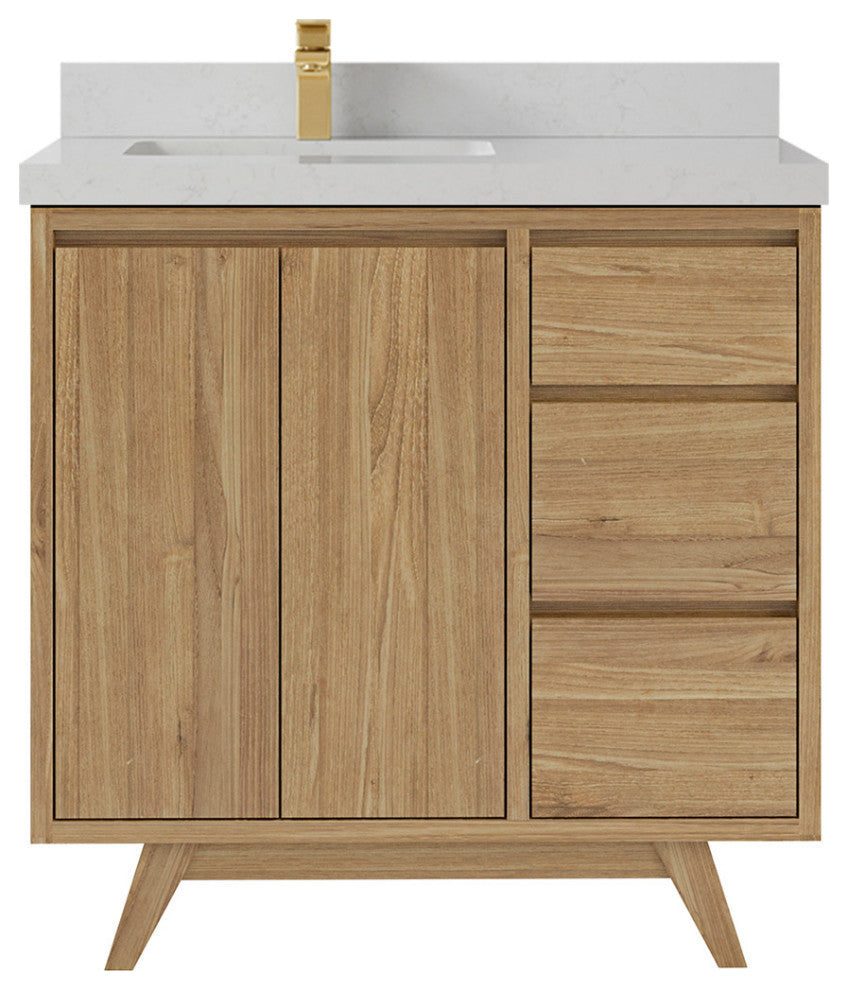 Madison  Teak 36 Left Offset Bath Vanity Golden Teak 2" Carrara Marble
