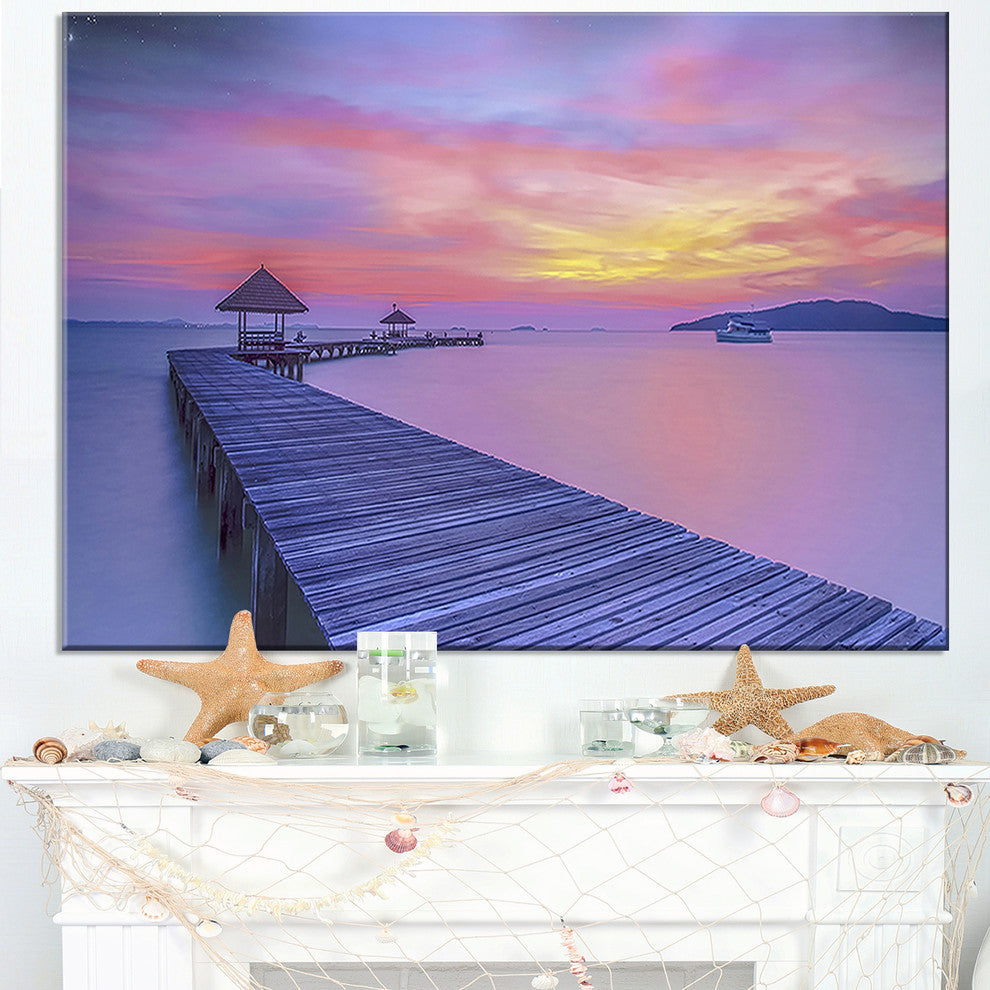"Long Wooden Bridge Into The Sunset" Sea Pier Wall Art Canvas Print, 32"x16"