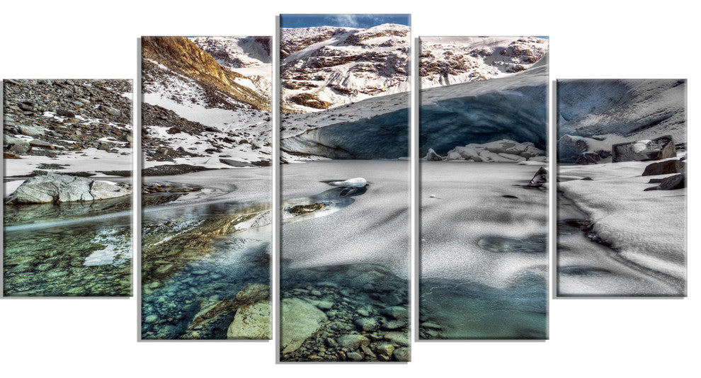 Cave in Rugged Rocky Setting, Landscape Canvas Art Print, 60"x32", 5 Panels