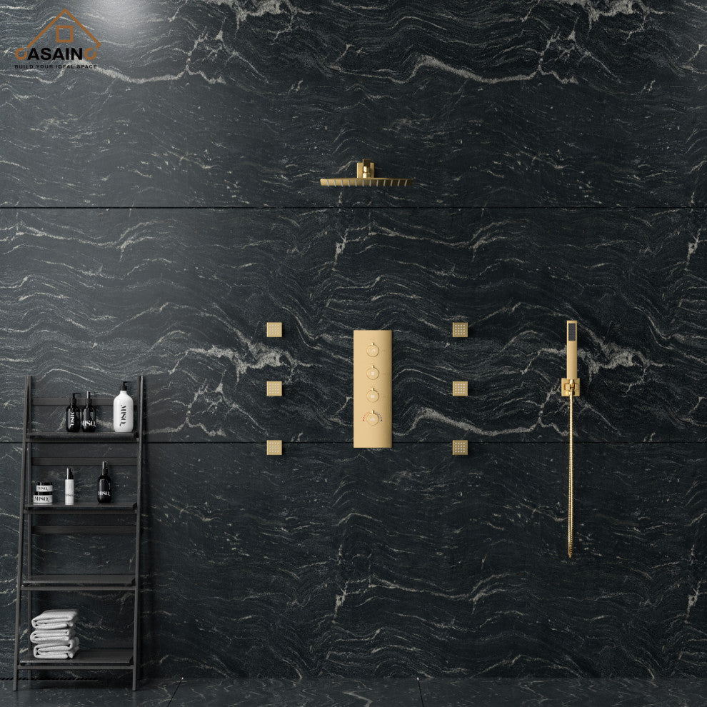 CASAINC 12" Wall Mounted Luxury Shower System Set w 6 Body Jets, Brushed Gold