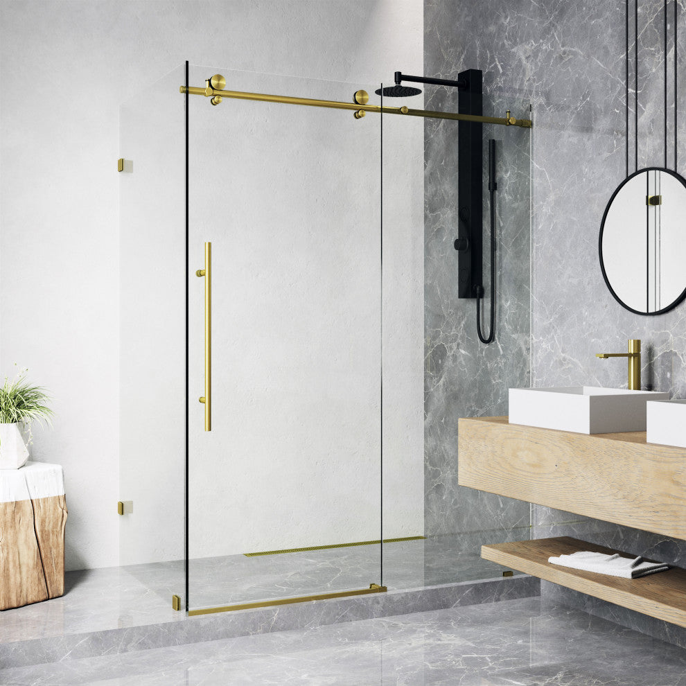 VIGO Elan E-Class Frameless Sliding Shower Enclosure, Matte Brushed Gold, 35" D X 46" W X 76" H, Without Base