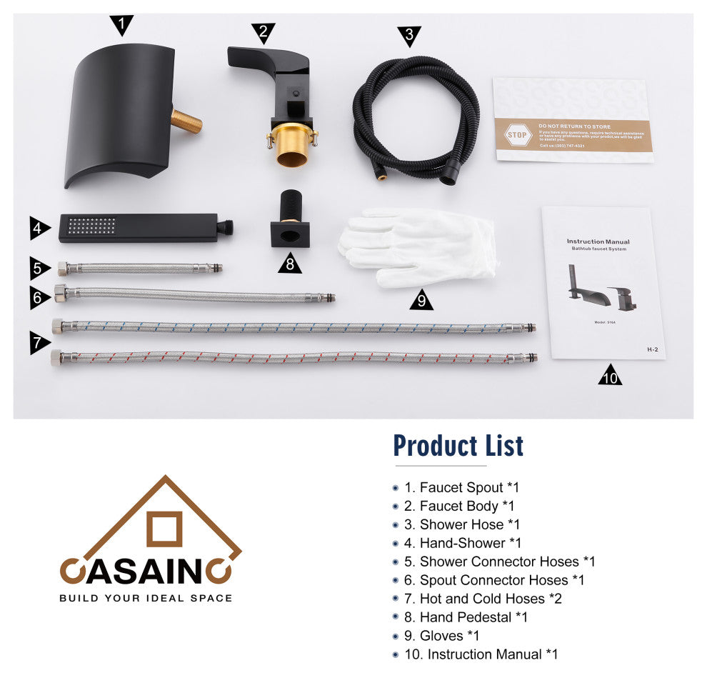 CASAINC Roman Tub Luxury Waterfall Faucet Set Spout w Hand Shower, Matte Black