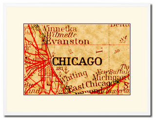 Chicago Illinois Old Map Print On Canvas With Frame Art Collection 16" X 21"