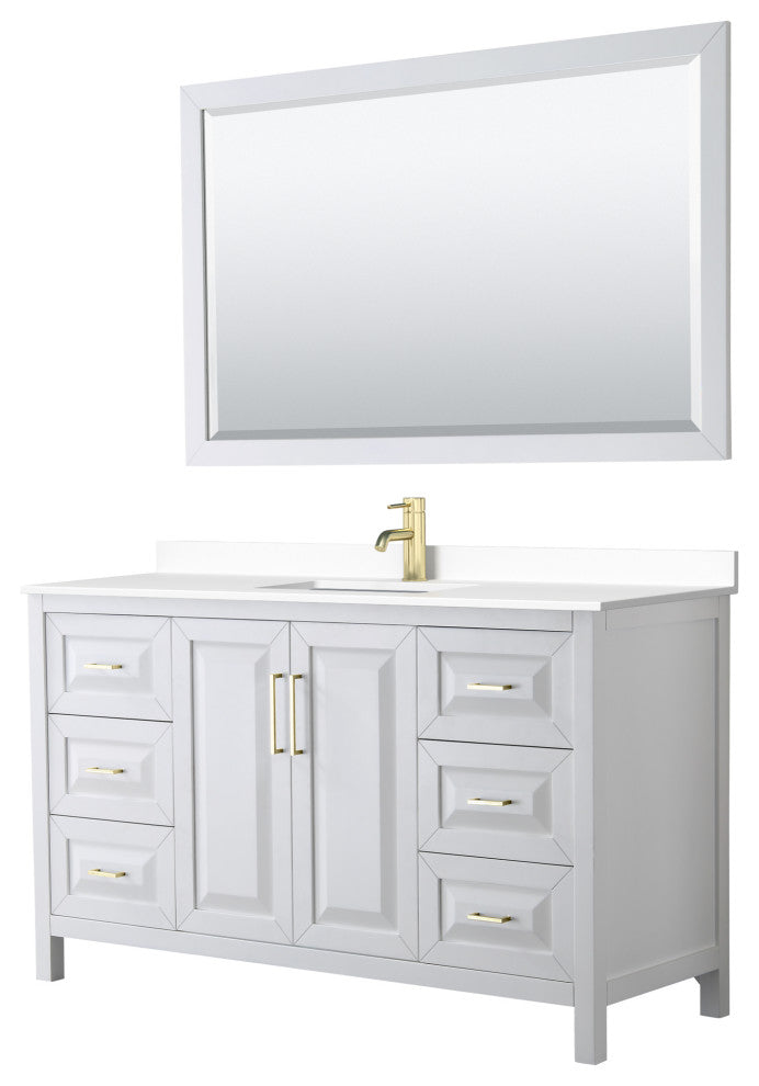 60" Single Vanity White, White Cult. Marble Counter, Sink, 58" Mirror, Gold Trim
