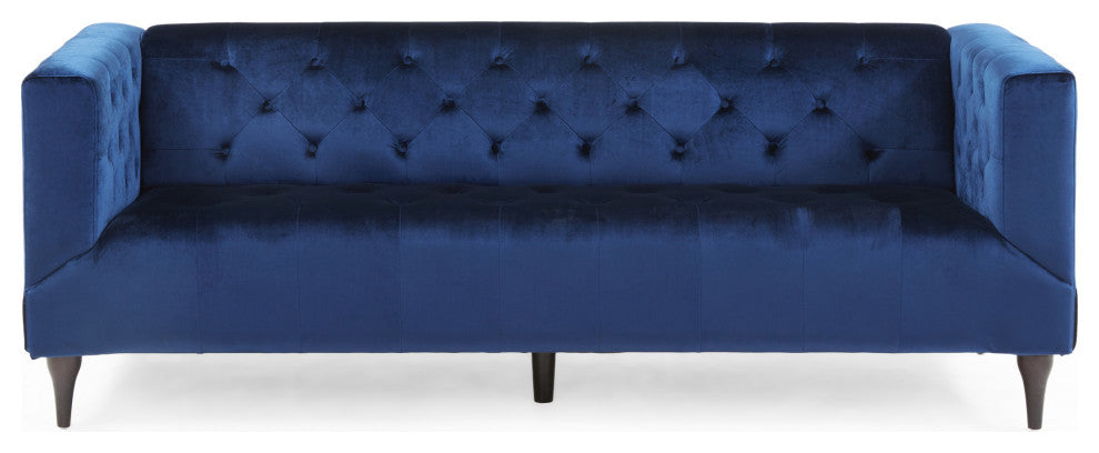 Admiral Contemporary Tufted 3-Seater Sofa, Midnight Blue/Espresso/Gold, Midnight Blue/Espresso/Gold