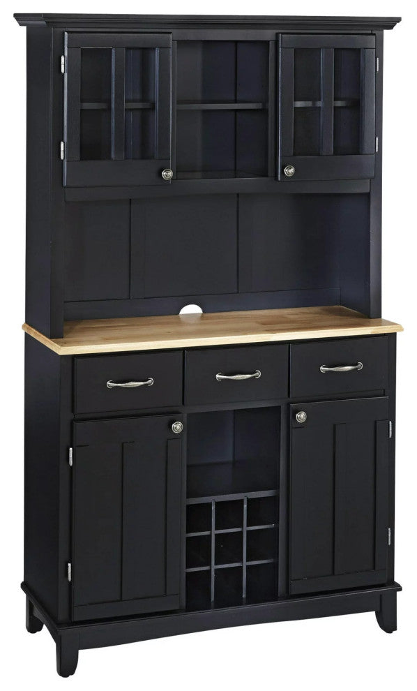 Contemporary Sideboard With Hutch, Multiple Storage & Natural Wood Top, Black