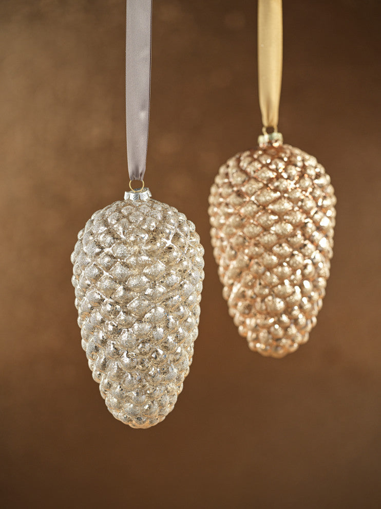 Alamo 9.5" Long Glass Pine Cone Hanging Ornaments, Set of 4, Silver