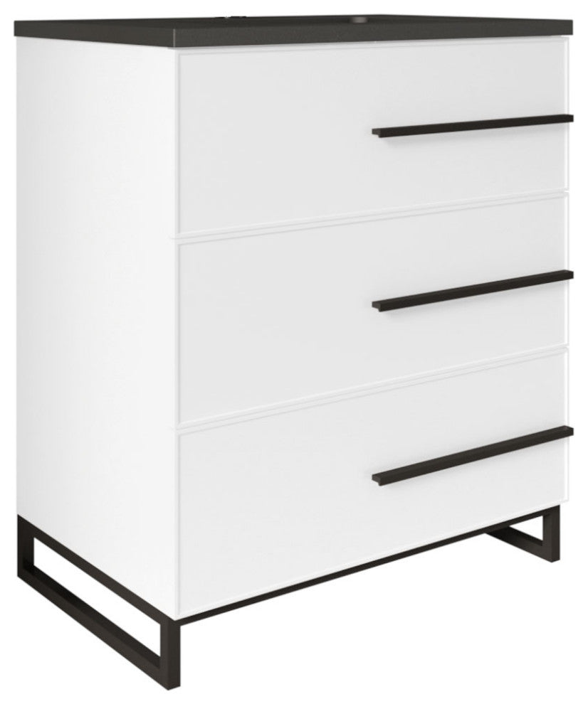 Freestanding White Vanity with Matte Black Sand Sink Top, 30"