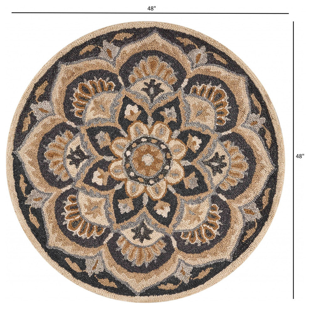 4' Round Black Flower Blossom Area Rug