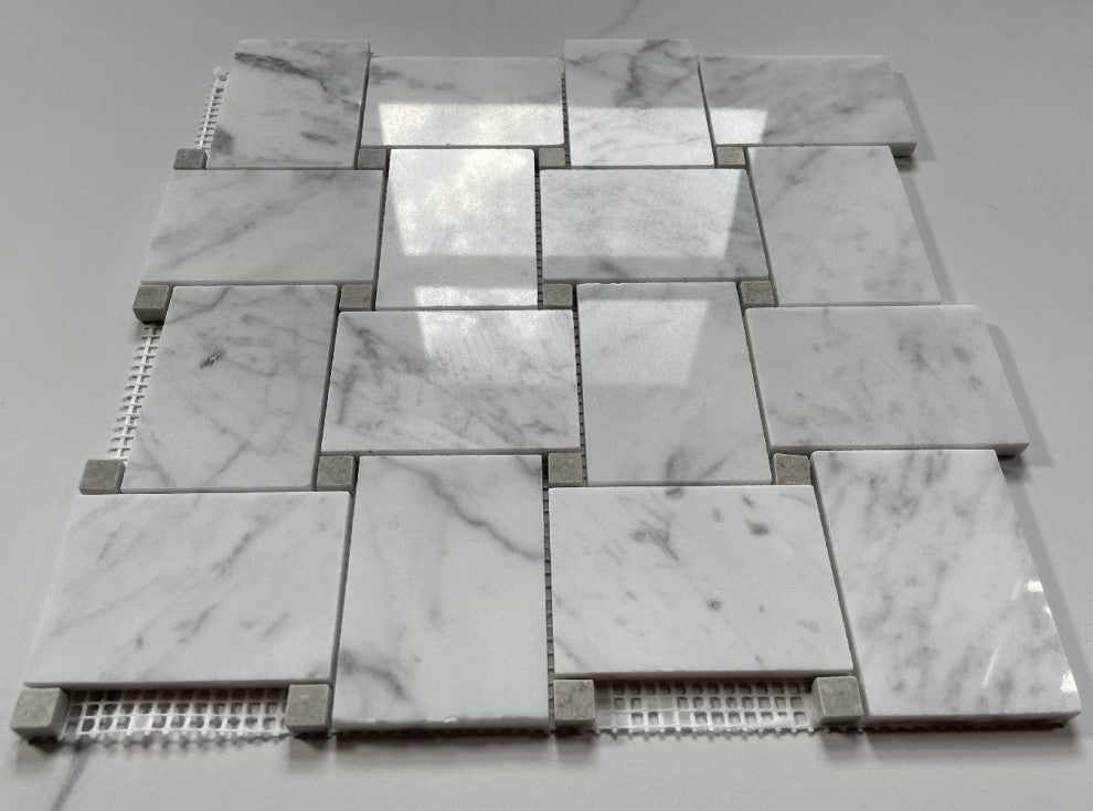 Wide Basketweave Mosaic White Carrara Marble Tile Gray Dots Polished, 1 sheet